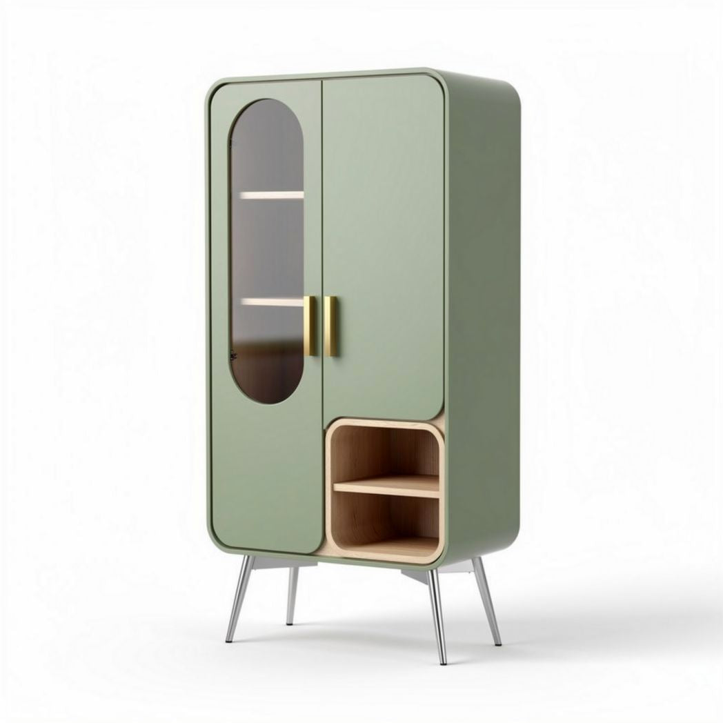 Green storage cabinet with glass door and wood accents 80 x 40 x 150cm
