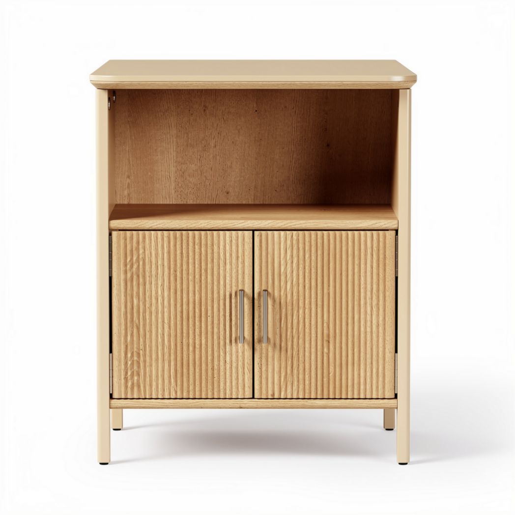 Wooden nightstand with open shelf and cabinet storage in natural finish 40 x 30 x 60cm
