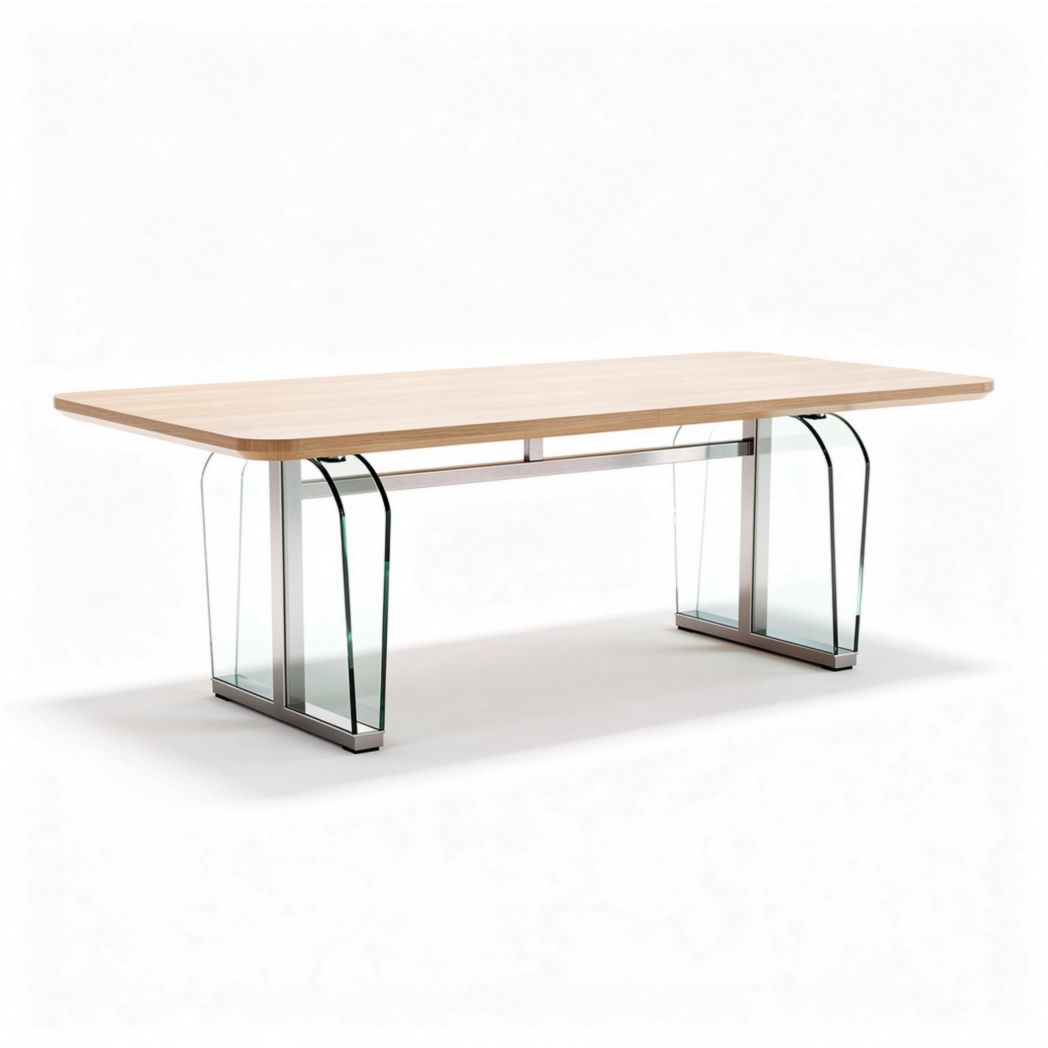 Glass and metal dining table with wooden top 200 x 100 x 75cm