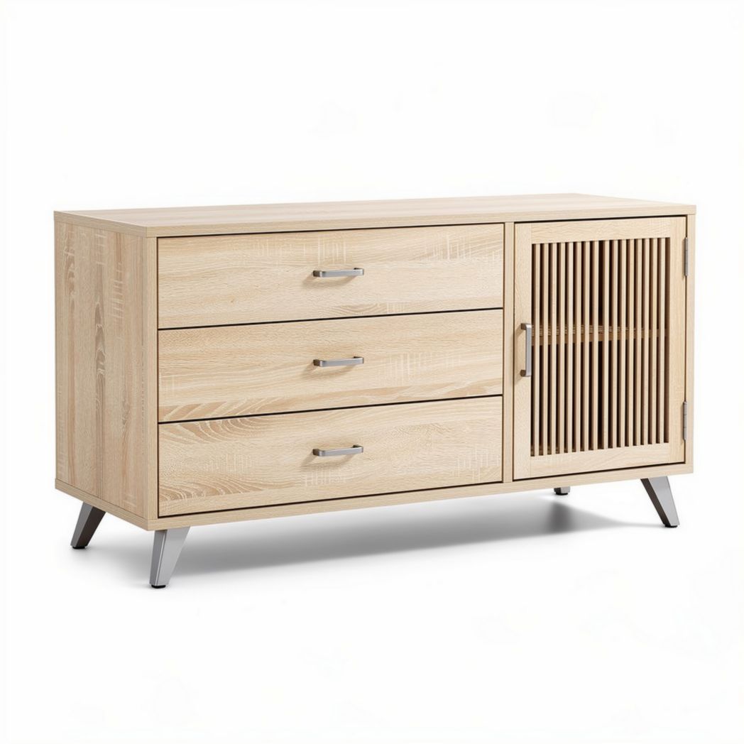 Wooden sideboard with three drawers and one slatted door in natural finish 120 x 40 x 60cm