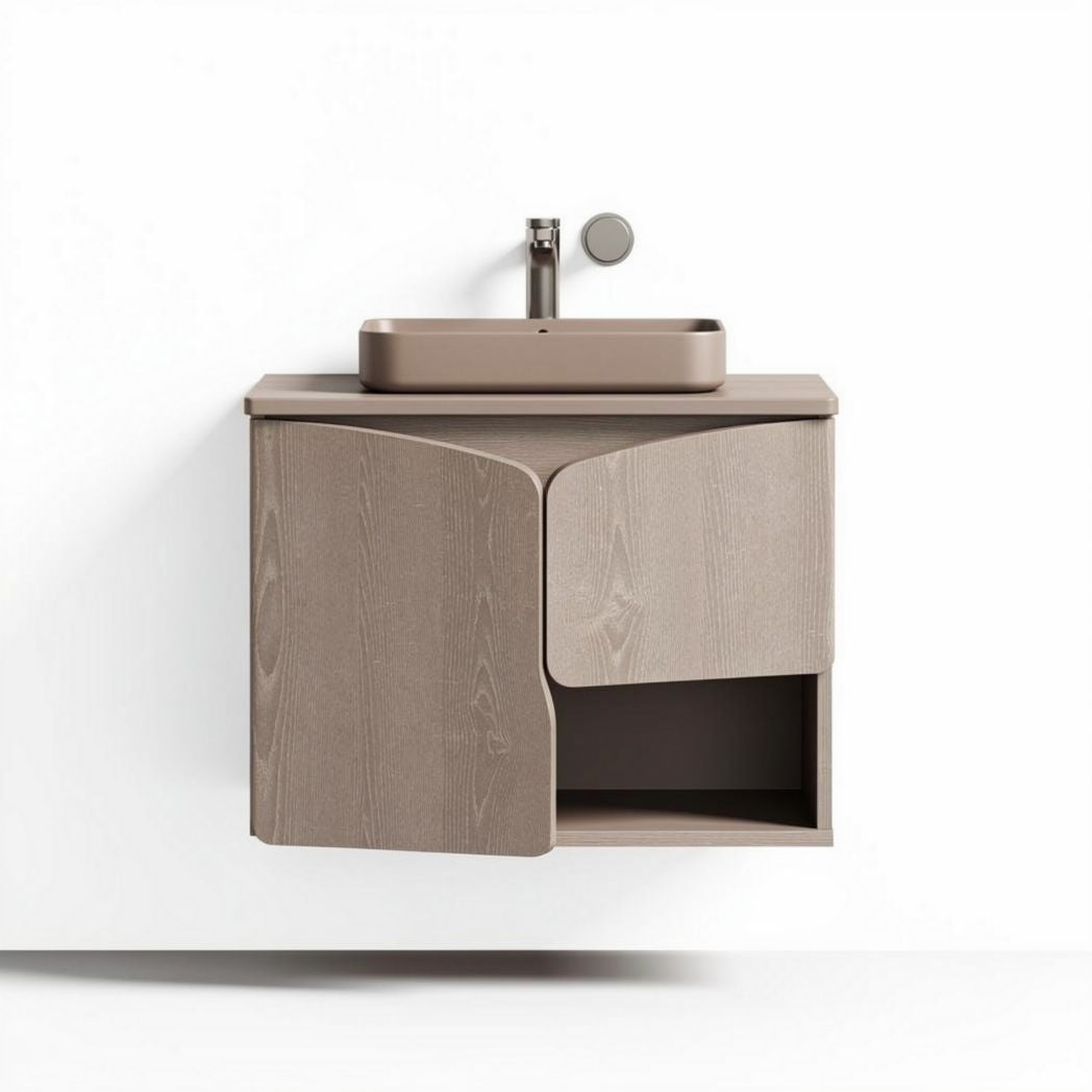Wall-mounted bathroom vanity with sink in beige wood finish 90 x 45 x 60cm