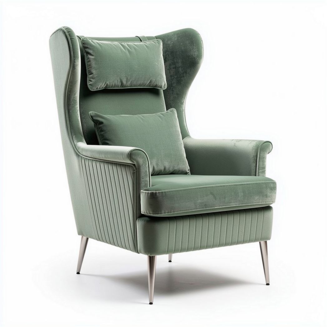 Velvet accent chair with wingback design and lumbar support cushions in green