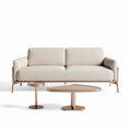 Sofa set with natural fabric upholstery and geometric coffee table in beige