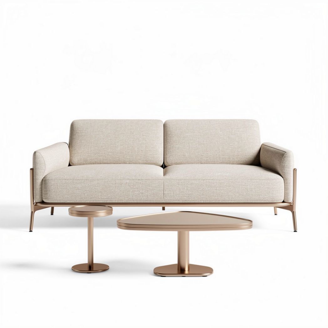 Sofa set with natural fabric upholstery and geometric coffee table in beige