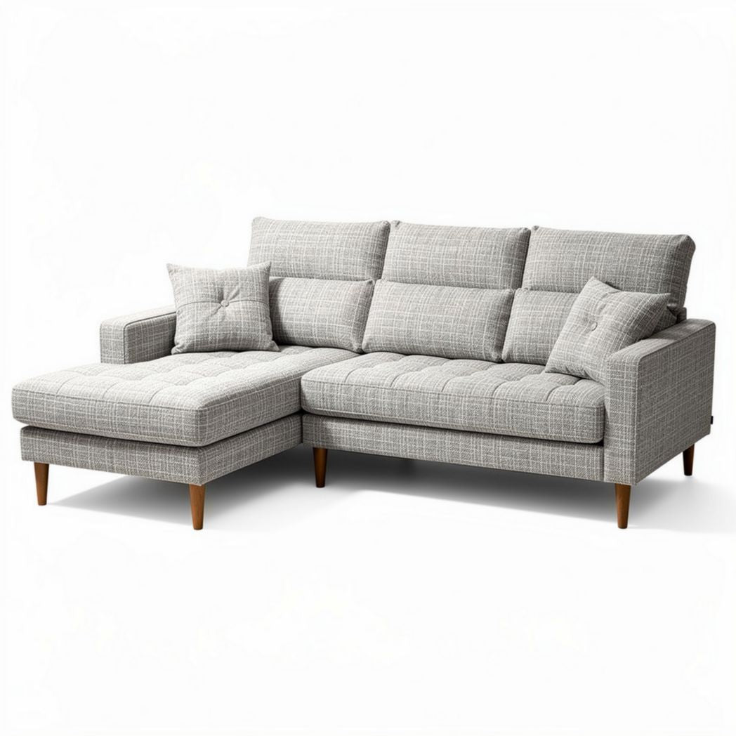 Gray fabric sectional sofa with wooden legs and removable cushions 180 x 90 x 80cm