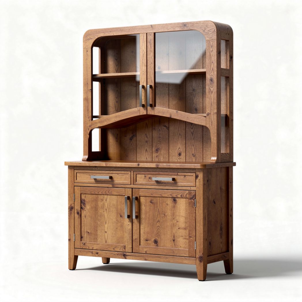 Oak wood display cabinet with glass doors and storage drawers 110 x 40 x 160cm